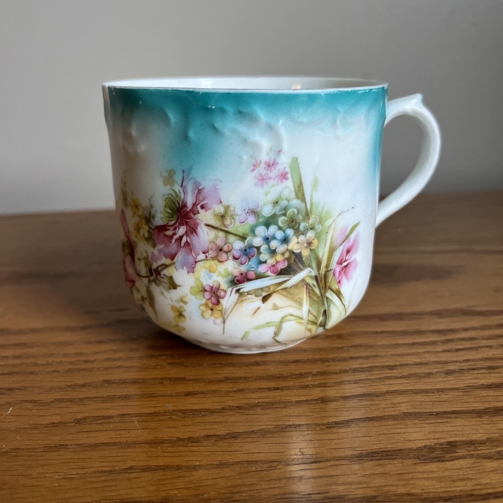 Mustache Cup White Turquoise Ombré Porcelain Floral Raised Decor Antique Cottage